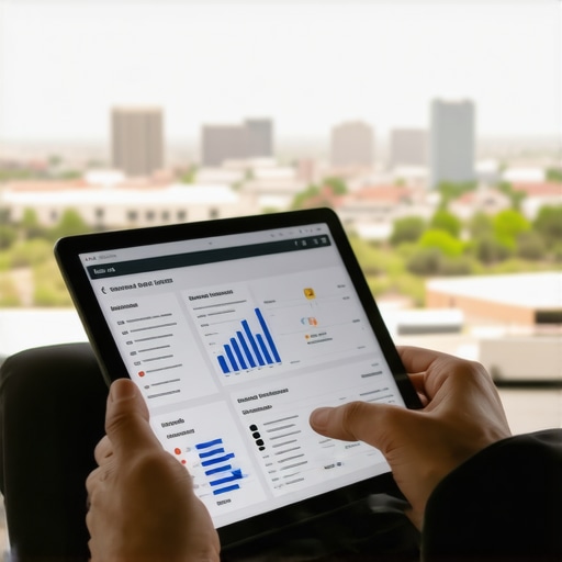 Person analyzing local SEO metrics on a tablet with Mesa cityscape