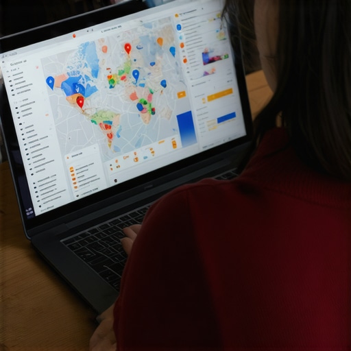Person reviewing local SEO analytics on a laptop with maps and charts