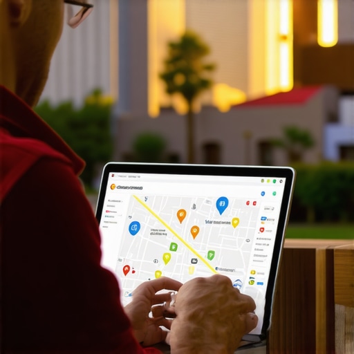 Business owner reviewing local SEO data on a laptop with Mesa landmarks in the background.