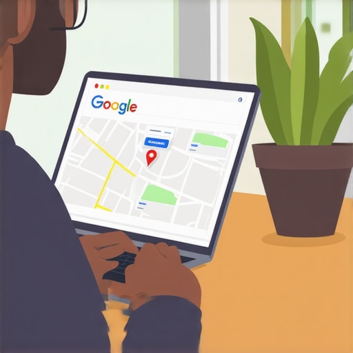 Business owner working on Google My Business profile with local map on screen.