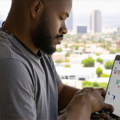 Mesa business owner updating Google profile on laptop with cityscape background.