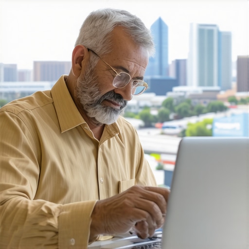 Business owner updating Google My Business profile on laptop with Mesa cityscape.