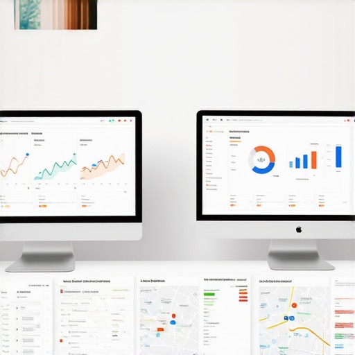Workspace with SEO analytics charts and local maps on monitors, symbolizing local SEO maintenance