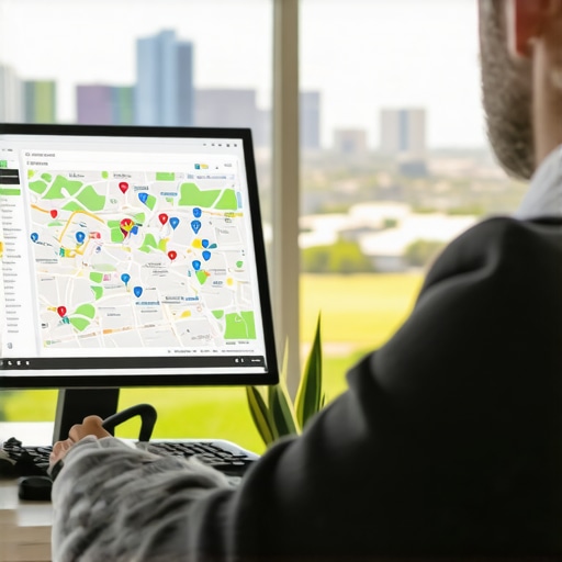 Person working on computer with SEO dashboards and Mesa city view.