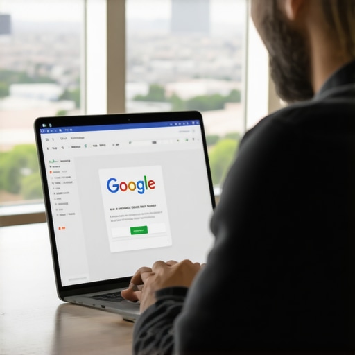 Business owner updating Google My Business profile with Mesa cityscape on screen.