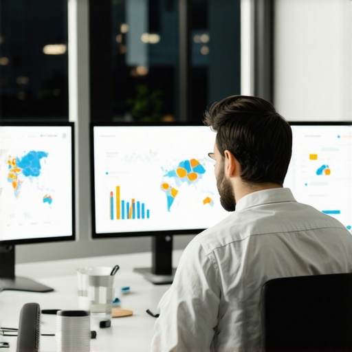 A professional analyzing SEO maps and analytics data on computer screens.