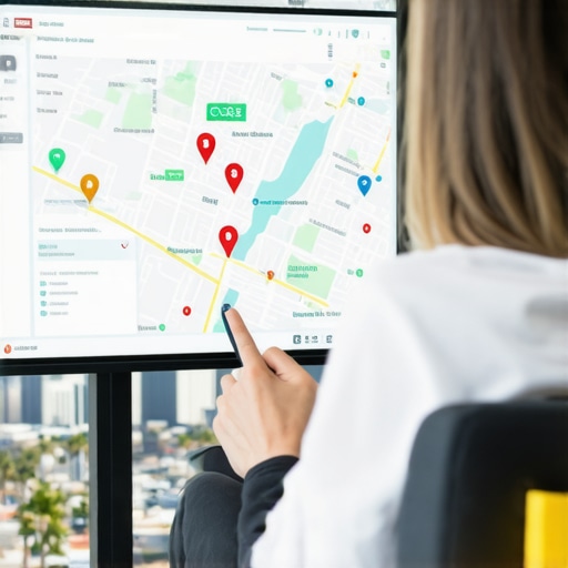 Person reviewing local SEO map data on computer with Mesa city background.