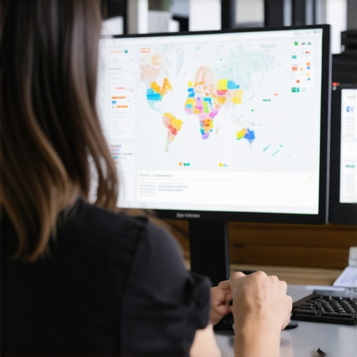 An individual analyzing local SEO data on a computer screen with maps and charts