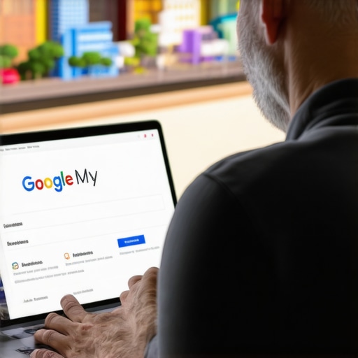 Business owner updating Google My Business profile with Mesa landmarks in the background.