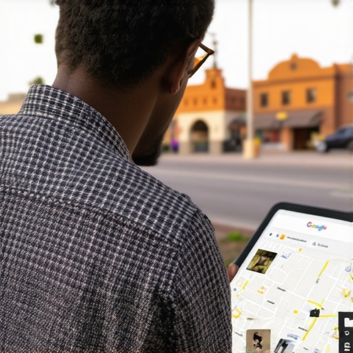 Mesa Local SEO Effort Business owner optimizing Google My Business profile amidst Mesa scenery