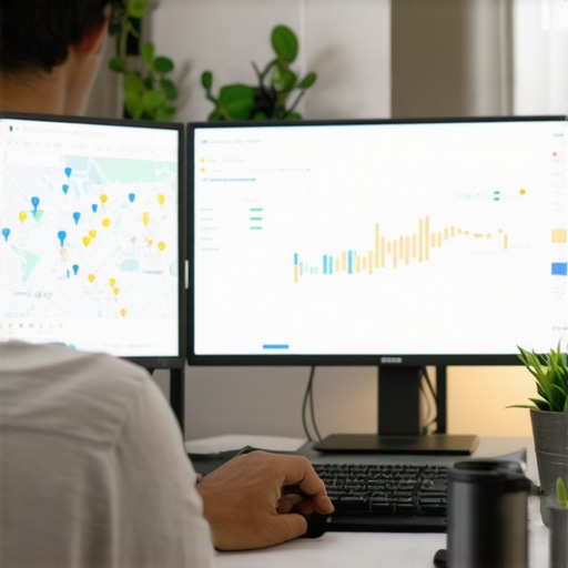 Person reviewing Google Maps analytics and SEO performance on computer screens, focusing on Mesa's local search results.