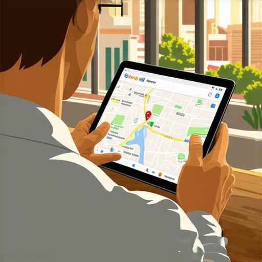 Business owner reviewing Google Maps data with Mesa landmarks in background.