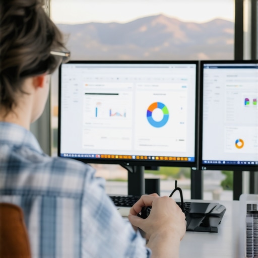 A marketer reviewing local SEO performance metrics on computer screens with Mesa Arizona in the background