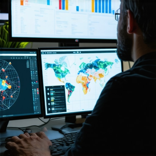 Person analyzing local SEO metrics on multiple monitors with maps and charts