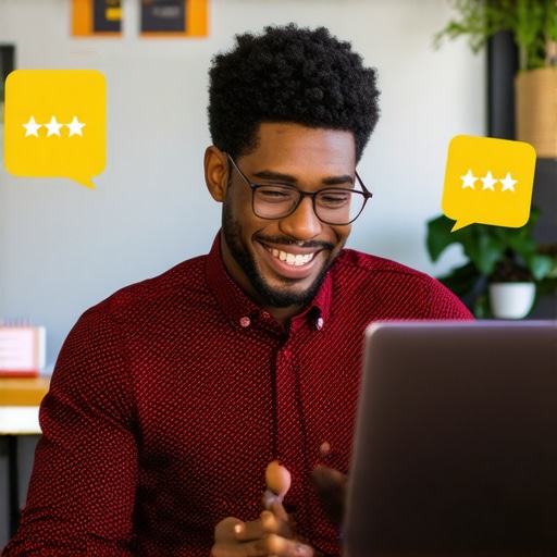 A Mesa business owner engaging with customer reviews on a laptop in a vibrant workspace.